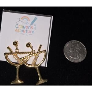 Vintage Avon Goldtone Peirced Dangle Earrings Martini Faux Pearls Statement